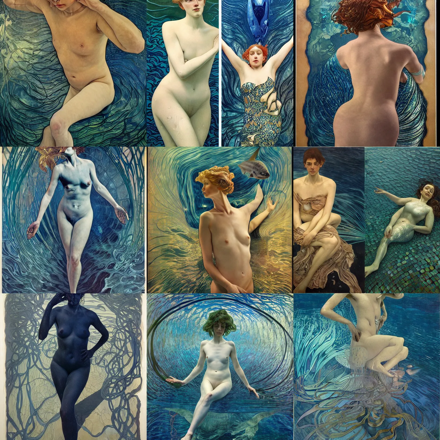 Prompt: hyperrealist full body underwater dark ocean, blue lighting, floating fish by lucian freud and victo ngai and alphonse mucha very detailed faces