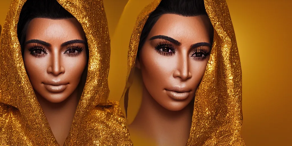 Image similar to macro portrait photograph of a glowing kim kardashian in a hood made of gold fabric at coachella, sparkling, ultra realistic, unreal 5 engine render, octane render, digital painting, smooth, elegant, pop art style, 8 k, 3 5 mm film grain,