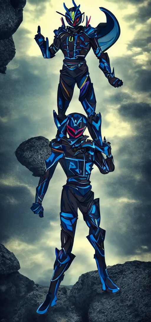 Prompt: High Fantasy Kamen Rider standing in a rock quarry, single character, full body, 4k, glowing eyes, daytime, rubber suit, dark blue segmented armor, dragon inspired armor, centered