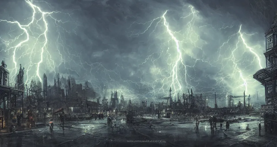 Image similar to eldritch, steampunk city, windy, by eugene von guerard, ivan shishkin, night, lightning!!, storm!, dramatic lighting, concept art, trending on artstation, 8 k