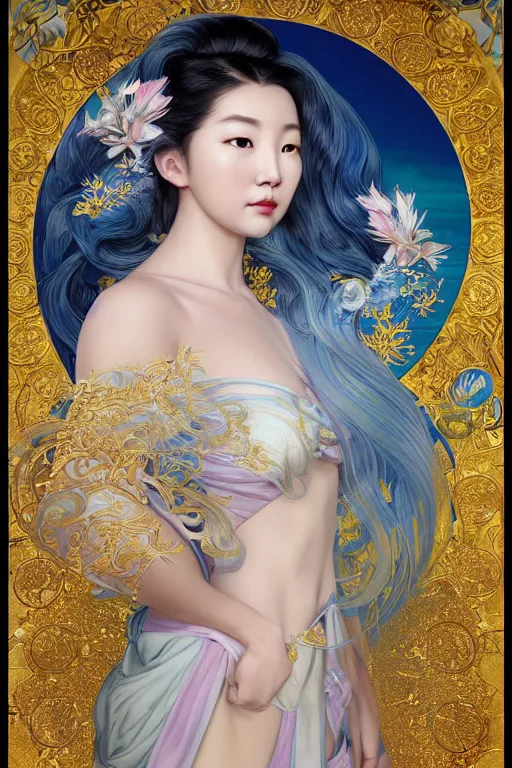 Image similar to a beautiful young Asian woman, Queen of the Sea Mu Yanling, long flowing white hair, blue and yellow robe that resembles floating wings, water flowing and floating around, young female face, liquid magic, cinematic top lighting, insanely detailed and intricate, face by Artgerm, design by Alphonse Mucha, Kuvshinov Ilya, Irakli Nadar, render by krenz cushart, golden ratio, symmetrical proportions, elegant, ornate, luxury, elite, matte painting, MTG, magic the gathering, trending on artstation, cinematic, cgsociety, 8k, high resolution,