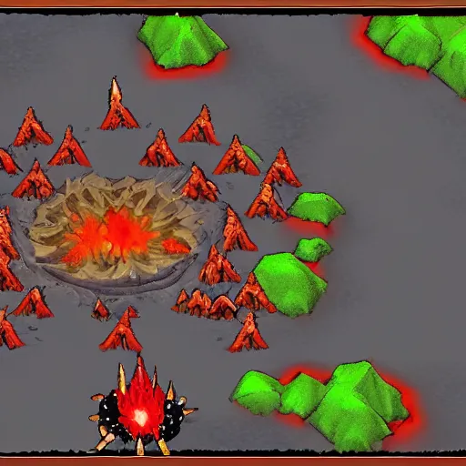 Image similar to TzKal-Zuk at the Inferno, old school runescape, lava river, magma, large shield of magma, obsidian pillars