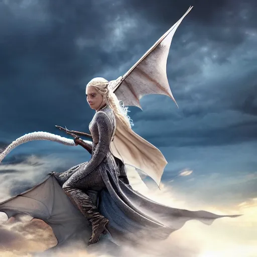 Prompt: Daenerys riding a dragon, ultra hd photo