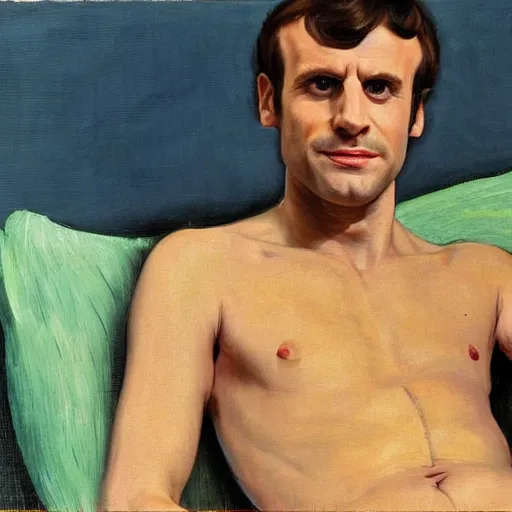 Image similar to emmanuel macron posing on a sofa, 1 9 7 0 living room, body hair, oil on canvas, by david hockney, bouguereau