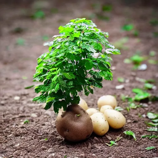 Image similar to a bag of potatoes with a magical tree growing out of it