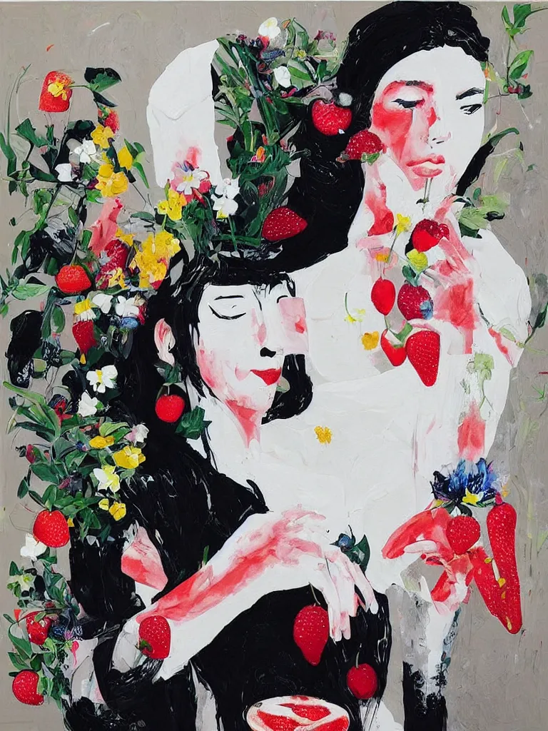 Image similar to “art in an Australian artist’s apartment, portrait of a woman wearing white muslin, eating luscious fresh raspberries and strawberries and blueberries, white wax, edible flowers, Japanese pottery, ikebana, black walls, acrylic and spray paint and oilstick on canvas”