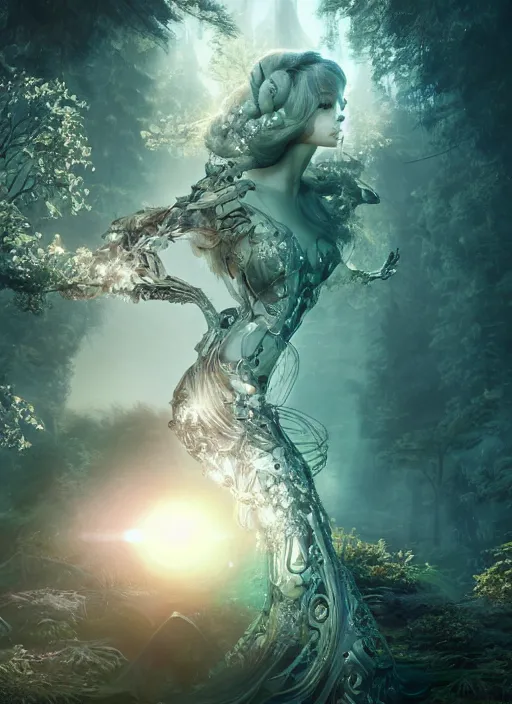 Image similar to beauteous sumptuous biomechanical incredible hair, crystalline masterpiece incrustations, hyperdetailed face, elegant pose, movie still, intricate, octane render, cinematic forest lighting, cgsociety, unreal engine, crepuscular rays, god rays