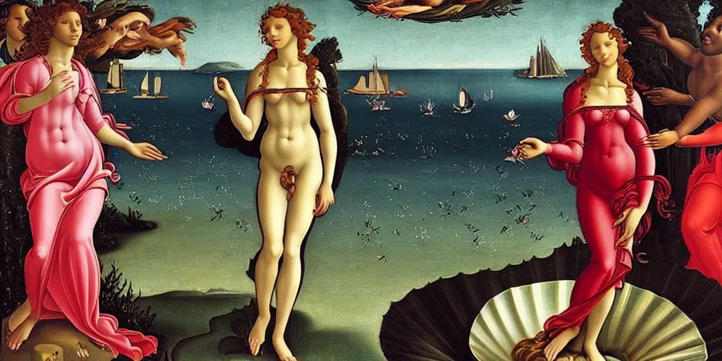 Image similar to Whitney Houston as Botticelli\'s The birth of Venus as a pretty African Black woman with short black hair and black skin rising from the sea on a shell, accurate face