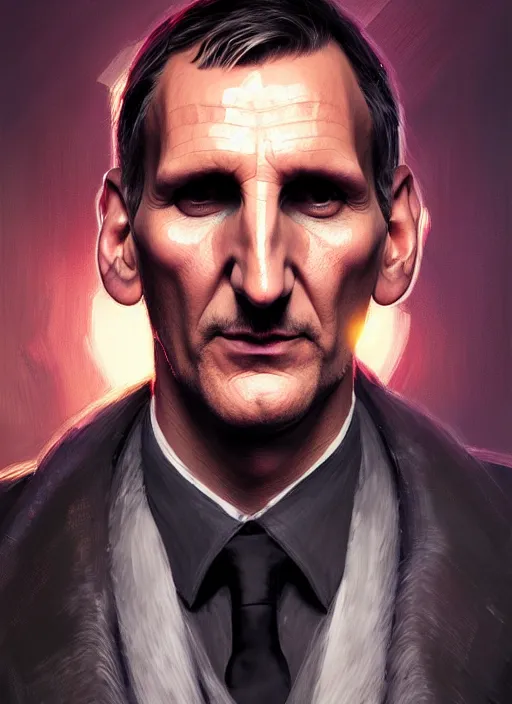 Image similar to stylized portrait of christopher eccleston, intricate, elegant, glowing lights, highly detailed, digital painting, artstation, concept art, smooth, sharp focus, illustration, art by wlop, mars ravelo and greg rutkowski