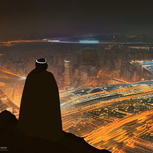 Prompt: arab man overlooking Riyadh city at night silhouette dramatic, dark, superhero, concept design, environment concept, artstation, digital art