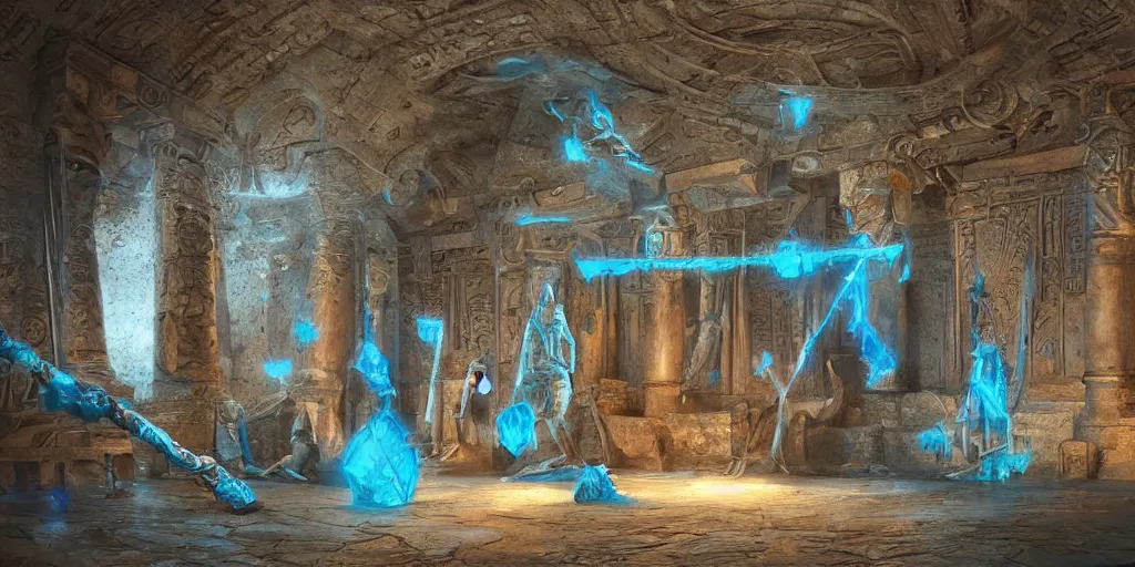 Image similar to old twisted wooden staff weapon with a blue crystal at it's tip, fantasy movie scene greg rutkowski digital painting of an ornate and royal egyptian antechamber tomb, unreal engine, hyper realism, realistic shading, cinematic composition, blender render, octane render, hdr, detailed textures, photorealistic, ultrawide shot, 3 5 mm film