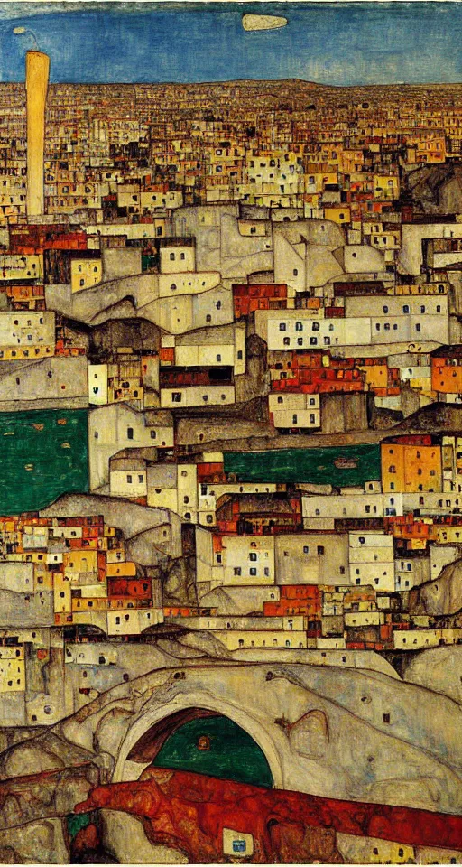 Image similar to a city in south of iran with a bridge, painting by egon schiele