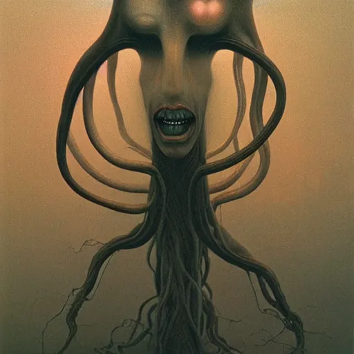 Image similar to woman with tentacles as appendages, flash, 80mm F2.8, single light source, painting by Zdzislaw Beksinski