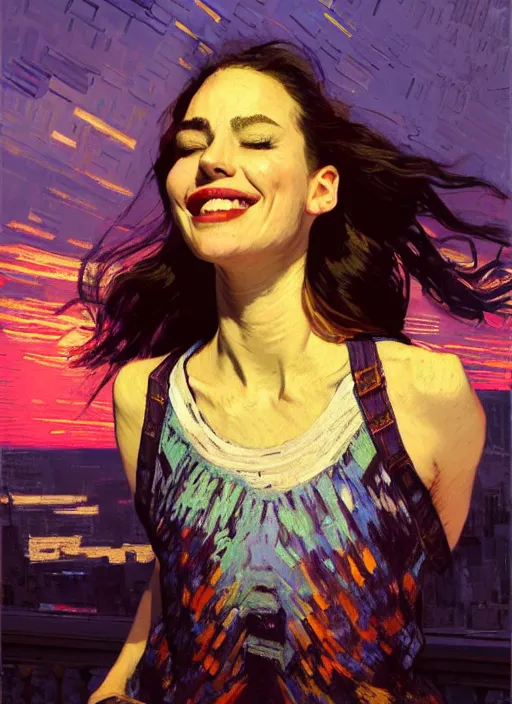 Image similar to portrait of a beautiful girl, new york backdrop, smiling, ecstatic, eyes closed, open mouth, sunset shades, beautiful face, rule of thirds, intricate outfit, spotlight, by greg rutkowski, by jeremy mann, by francoise nielly, by van gogh, digital painting