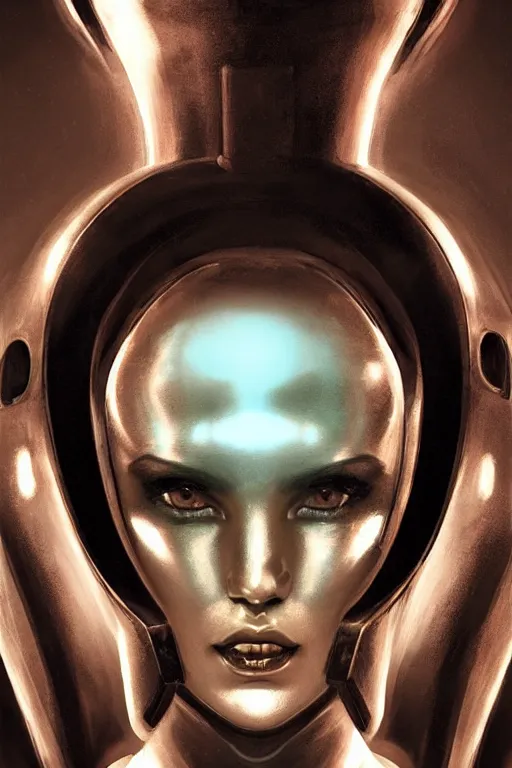 Prompt: retro-futuristic female android in old scratched chrome armour, vintage used look, facial portrait, rim light, ornate pattern, glowing eyes, evil expression, painting by vincent di fate, artgerm julie bell beeple, Smooth gradients, High contrast, depth of field, very coherent symmetrical artwork