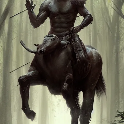 Image similar to Adam Driver as a centaur warrior, human torso on a horse body, galloping through the forest, digital art, fantasy art by Greg Rutkowski