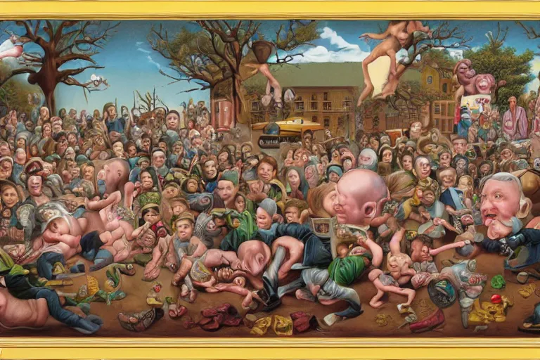 Image similar to a strange battle in an old hospital between old people and babies Robert Williams Mark Ryden and Alex Gross, Todd Schorr highly detailed