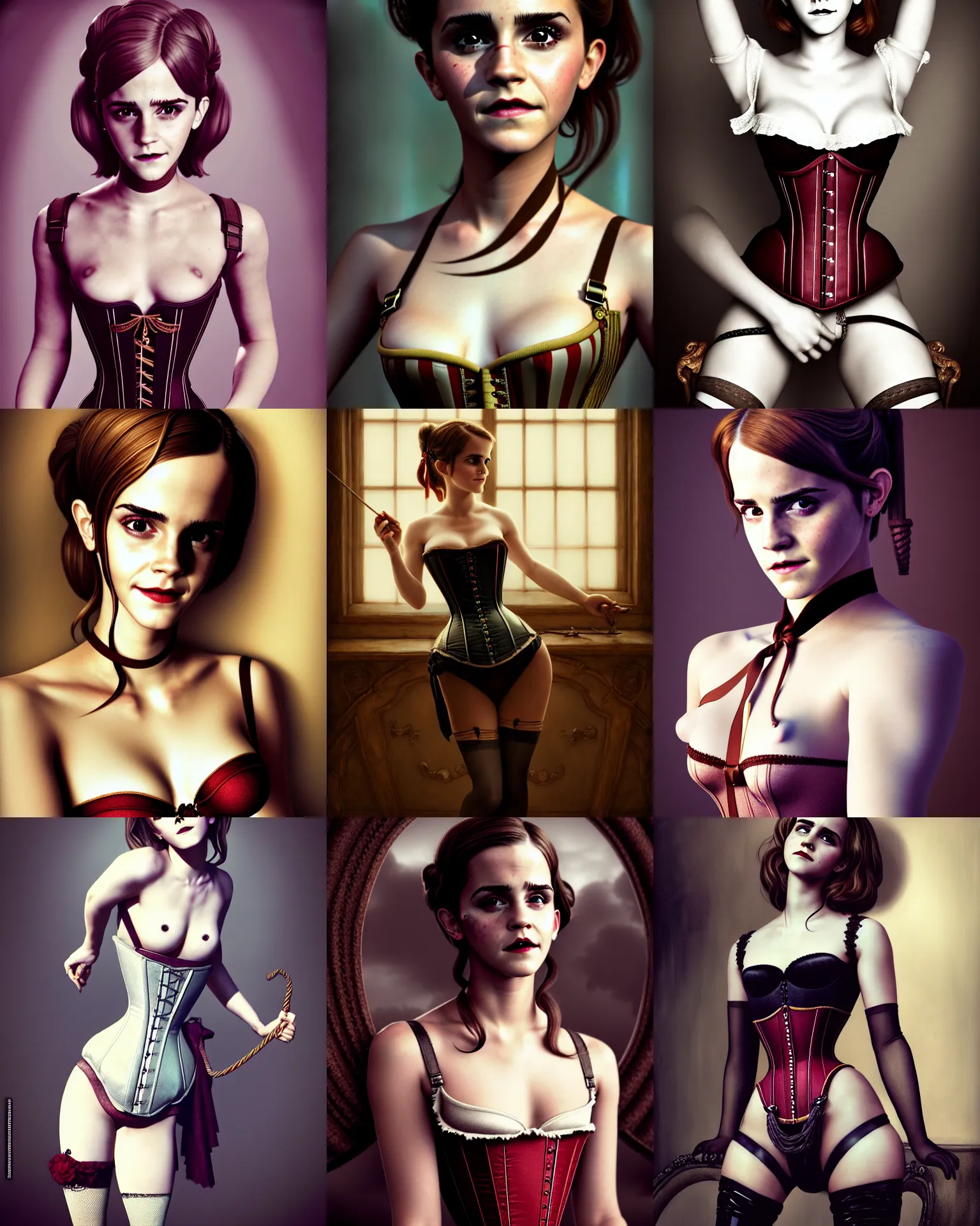 Prompt: full shot portrait painting of very beautiful emma watson standing as maiden in stockings corset bondage home mistress, character design by mark ryden and pixar and hayao miyazaki, unreal 5, daz, hyperrealistic, octane render, cosplay, rpg portrait, dynamic lighting, intricate detail, cinematic