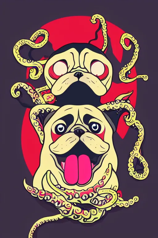 Image similar to Pug with tentacles, the devil, sticker, blood thirsty, spawn of Satan, burning in hell, blood, evil, colorful, illustration, highly detailed, simple, smooth and clean vector curves, no jagged lines, vector art, smooth