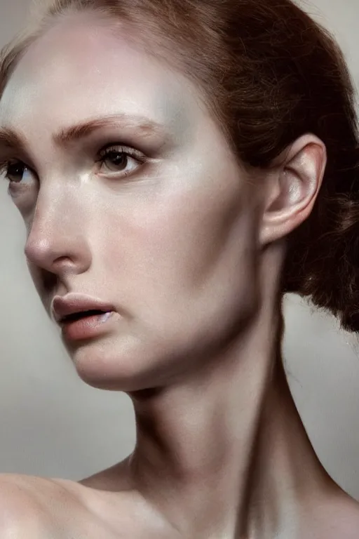 Prompt: biomechanic, hyperrealism close-up portrait of beautiful woman, beautiful cheekbones, pale skin, in style of classicism