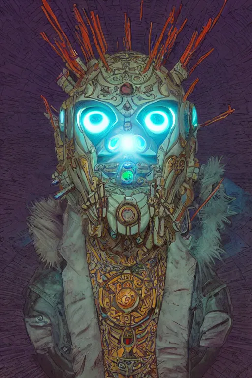 Image similar to tribal vodoo mask eye radiating a glowing aura global illumination ray tracing hdr fanart arstation by ian pesty and katarzyna da „ bek - chmiel that looks like it is from borderlands and by feng zhu and loish and laurie greasley, victo ngai, andreas rocha, john harris wooly hair cut feather stone