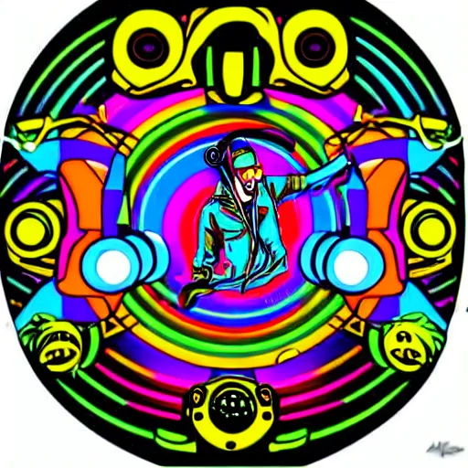 Image similar to svg sticker of a Dancing-Alex-Grey-Psychedelic-Rave-Man, at a rave, spinning records, giant headphones rocking out, wearing headphones, huge speakers, dancing, rave, DJ, spinning records, digital art, amazing composition, rule-of-thirds, award-winning, trending on artstation, featured on deviantart