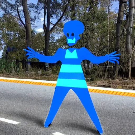 Image similar to a skeleton wearing a blue spendex suit with road - cones for hands