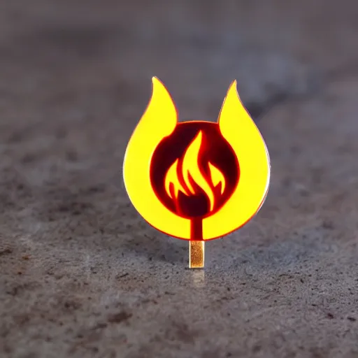 Image similar to a photo of a retro 1 9 7 0 s minimalistic clean fire flames warning label enamel pin, cinematic lighting, behance