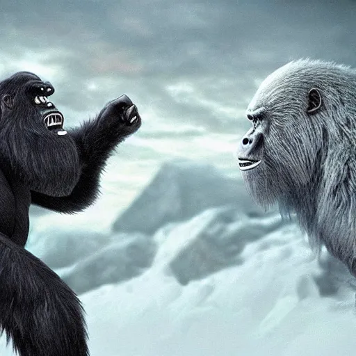 Prompt: a high detailed realistic photo of a yeti and sasquatch battling king kong