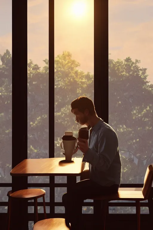 Image similar to a man sitting on a café table mext to a window and holding a cup of coffee at sunset, Pixar style, black hair, 4K, cartoon, concept art, octane render, unreal engine 5, path tracing, complementary colours, serene scene, warm, cute, natural lighting, high quality, highly detailed, high coherence, defined face, five fingers, anatomically correct, soft lighting, close view, digital art, trending on DeviantArt