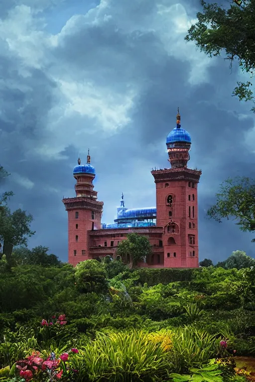 Image similar to view of the mysterious blue tower in its gardens after a storm, tall windows, beautiful moorish ornament, dramatic cinematic lighting, rich colors, by April Gornik and Nicholas Roerich and Sylvain Sarrailh and Ludwig Deutsch