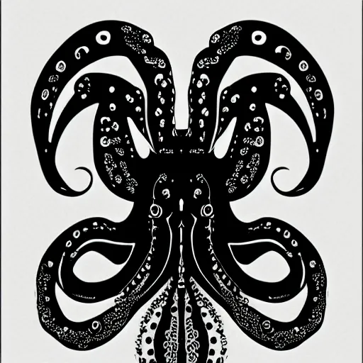 Prompt: cyborg octopus symmetrical colour ink painting, digital art, minimal geometric