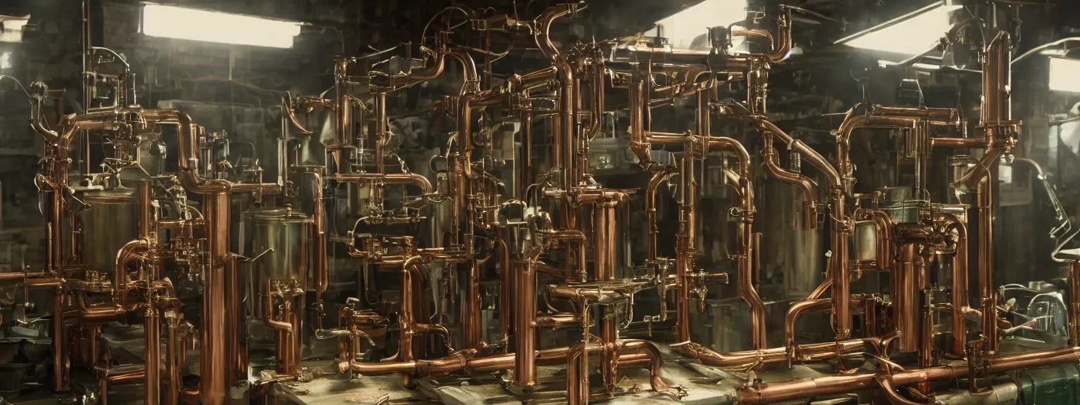 Image similar to a super high resolution film still of machine apparatus for making snake oil, huge copper machine fed by a hopper of snakes, purple and green pipework, directed by denis villeneuve, 8 k, snake machine, cinematic lighting