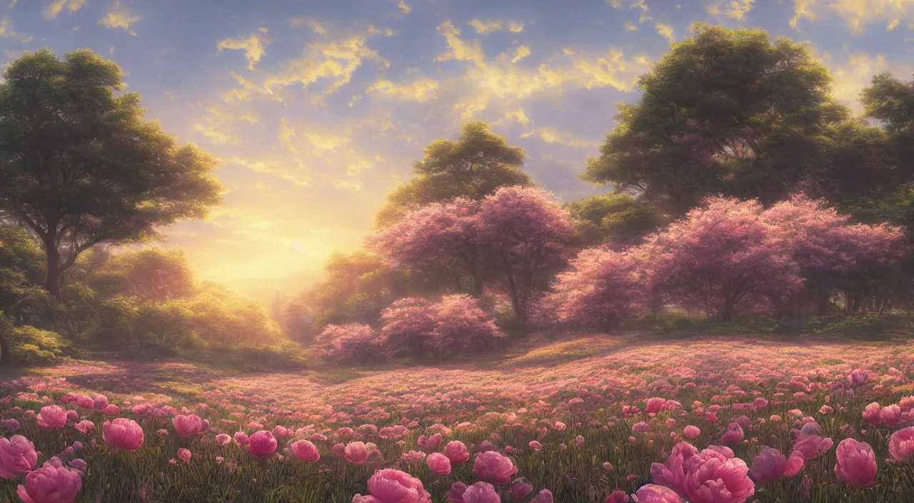 Prompt: Rendering of a scene meadow full of peony, the time of day is sunset, by Makoto Shinkai and Thomas Kinkade, fantasy matte painting, trending on cgsociety and unreal engine，light effect，highly detailed，super wide angle,