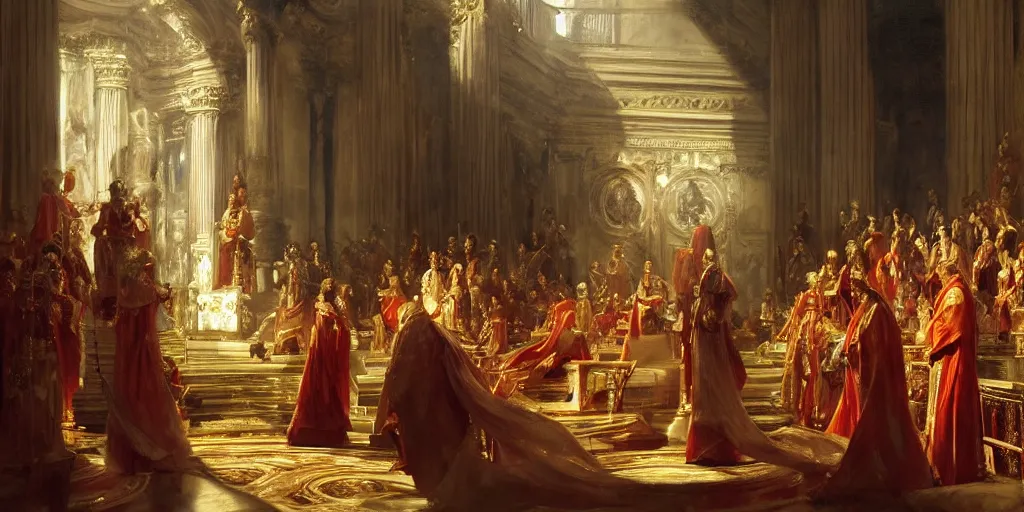 Image similar to beautiful oil painting, steve buscemi in royal crimson robes enthroned as the god emperor of ancient rome surrounded by servants in gilded halls a golden wreath upon his head, by anders zorn, wonderful masterpiece by greg rutkowski, beautiful cinematic light, american romanticism, by thomas lawrence, greg rutkowski