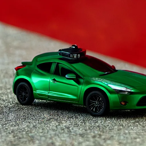 Prompt: a red haired woman driving a Jada toys mitsubishi eclipse green diecast car, high resolution macro photo