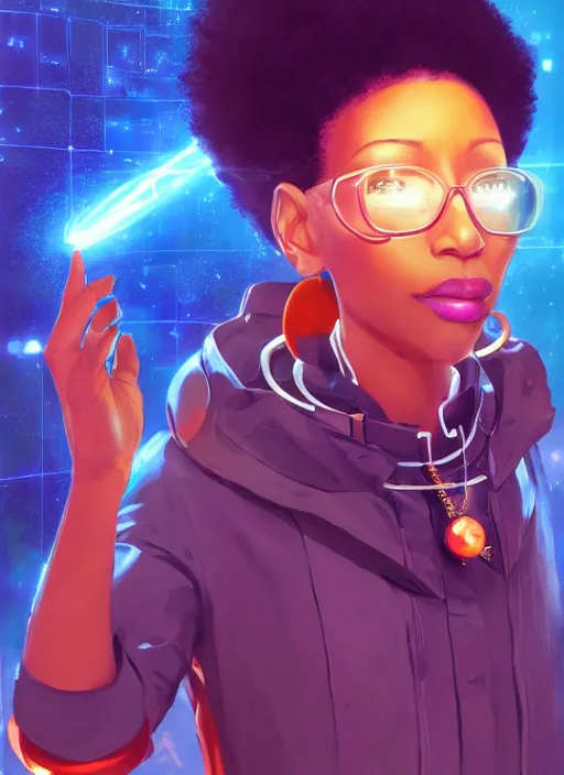 Image similar to afro - futurist scientist, computers and holograms, hacking the metaverse | hyperrealistic oil painting | by makoto shinkai, ilya kuvshinov, lois van baarle, rossdraws | afrofuturism, in the style of hearthstone, trending on artstation | dark color scheme