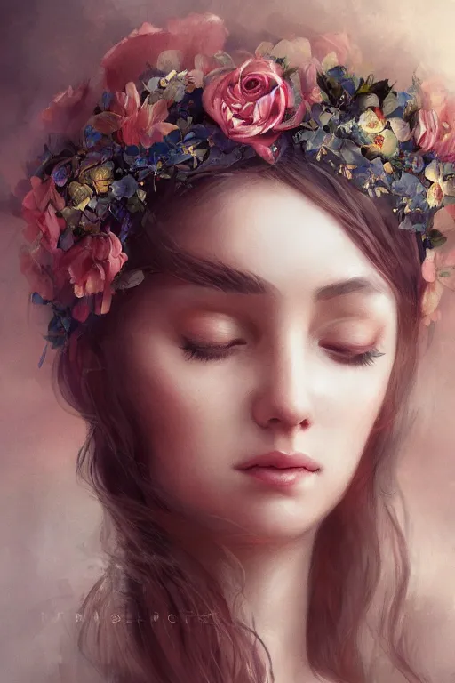 Image similar to beautiful maiden wearing a floral headband, intricate, elegant, highly detailed, digital painting, artstation, concept art, smooth, sharp focus, illustration, art by WlOP