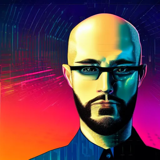 Prompt: portrait of a bald man, synthwave, universe background, symmetrical, artstation