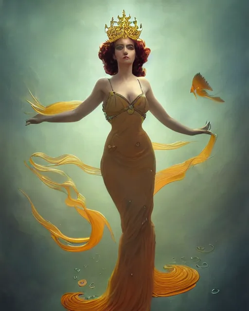 Prompt: a beautiful goldfish woman, pinup pose, long hair, tall and thin, wearing dozens of pendants and a gown of gold, small delicate crown of the sea on her head, illustration, symmetry accurate features, volumetric light clouds, ultra realist soft painting, (art nouveau), octane render, 8k, HD, by Tom Bagshaw, Brom, Charlie Bowater, faces by otto schmidt