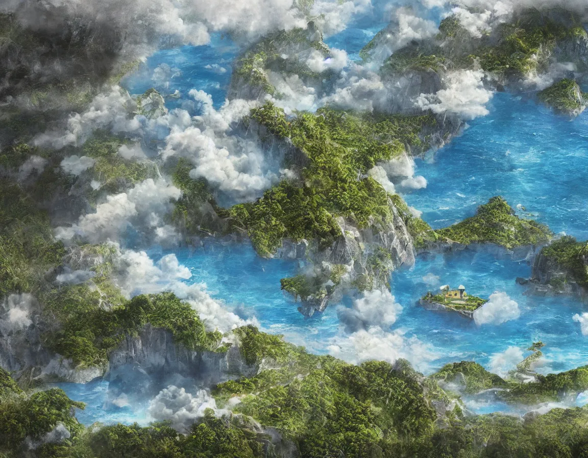 Image similar to ultra realistic illustration of magical island floating in the sky, hd, hdr, cinematic 8 k, ultra detailed, high resolution, smooth, sharp focus, illustration, art by stanisław wyspianski