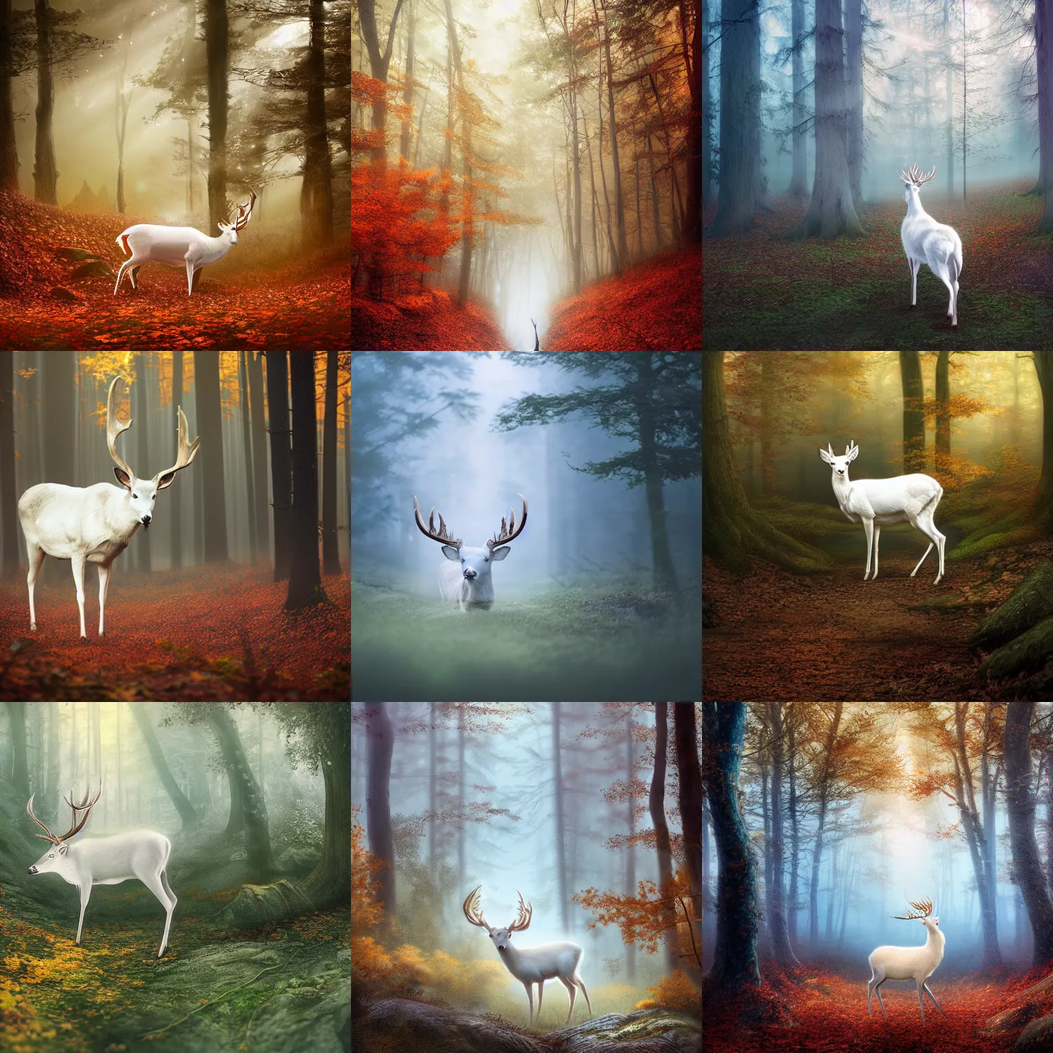 Prompt: a beautiful illustration of a white deer with antler, in a forest, autumn, volumetric light, depth of field, fantasy, morning light, mist, dreamy atmosphere, cinematic shot, high definition, detailed, studio ghibli, moebius