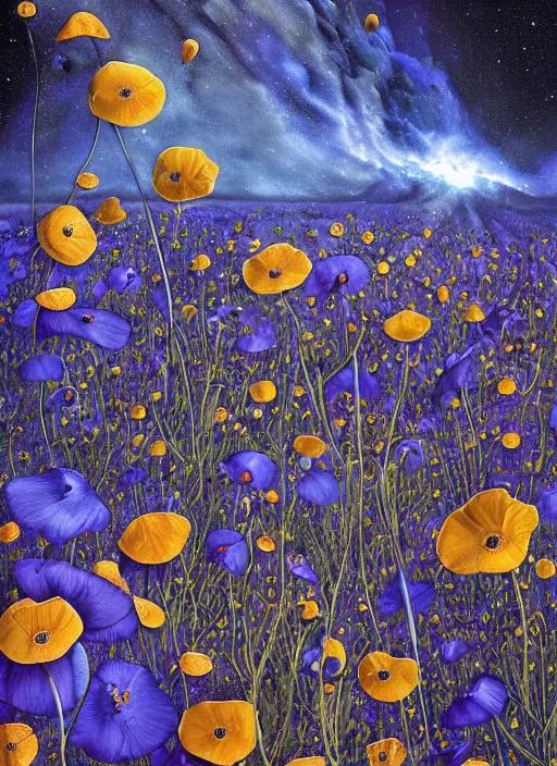 Image similar to detailed, intricate blue black and purple papaverum flower on the field, nebula, galaxy in the sky, winning award masterpiece, fantastically beautiful, illustration, aestheticly inspired, jacek yerka, upscale with anguissola sofonisba work, artstation, 8 k