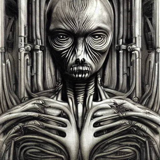 Image similar to portrait-photograph of an alien by H R Giger ::
