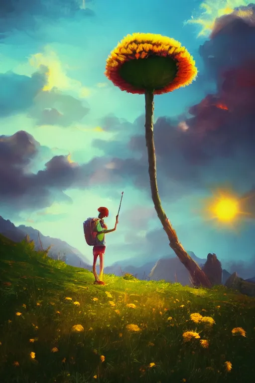 Image similar to giant daisy flower head, girl hiking in the mountains, surreal photography, sunrise, dramatic light, impressionist painting, colorful clouds, digital painting, artstation, simon stalenhag