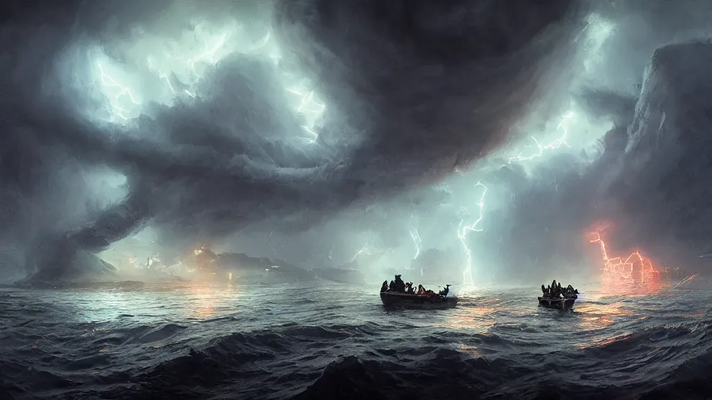 Image similar to small boat in foreground, giant big krakens and tentacles in the background, lightning in background, intricate, detailed, volumetric lighting, sharp focus, scenery, photorealism, digital painting, highly detailed, concept art, ruan jia, steve mccurry