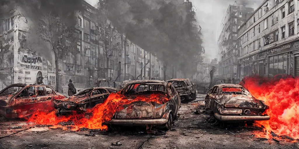 Image similar to post - apocalyptic kreuzberg streets, burned cars, explosions, colorful smoke, hyperrealistic, gritty, damaged, dark, urban photography, photorealistic, high details