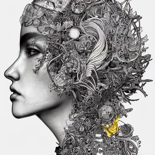 Image similar to the head of a beautiful woman, an ultrafine detailed illustration by james jean, final fantasy, intricate linework, bright colors, behance contest winner, vanitas, angular, altermodern, unreal engine 5 highly rendered, global illumination, radiant light, detailed and intricate environment