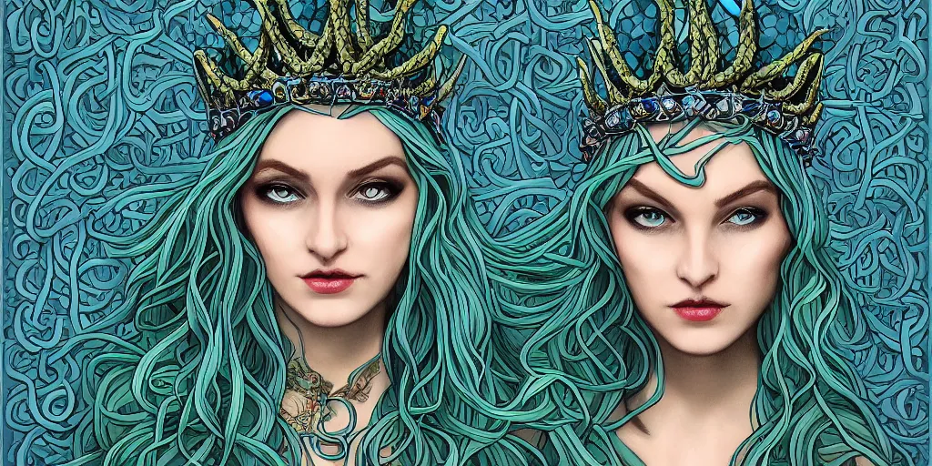 Image similar to portrait of the queen of snakes, pale blue, emerald, sapphire, wearing a crown of vines, moonlit, dark fantasy, artstation