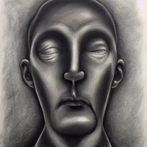 Prompt: charcoal drawing of a man with a strange face. precisionism, charcoal drawing, surrealist, genderless